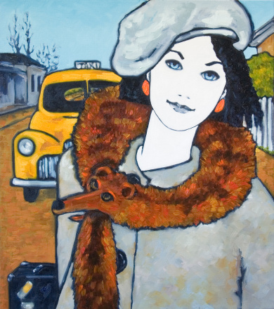 Portrait of a young woman in 1950's style outfit and wearing a fox fur collar. Traveling by taxi cab with suitcase. Oil Painting, painted by Judi Parkinson, title: Foxy Lady. 