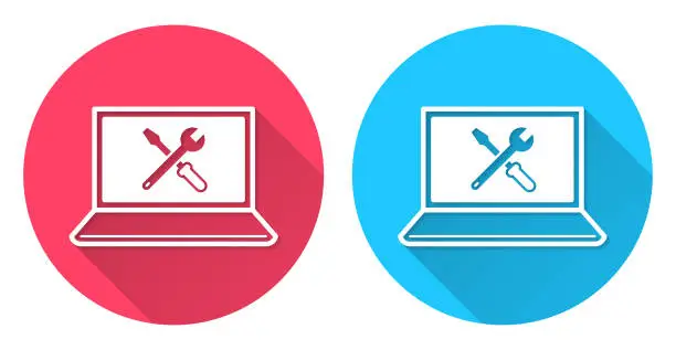 Vector illustration of Laptop settings - Tools. Round icon with long shadow on red or blue background