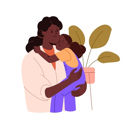 Single parent household. Happy relationship in family. Mom holds her child in hand, mother hugs daughter, woman loves baby. Girl raising kid alone. Flat isolated vector illustration on white.