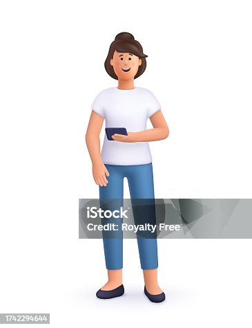 istock Young smiling woman standing and holding smartphone. 3d vector people character illustration. Cartoon minimal style. 1742294644