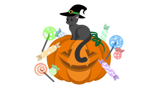 süßes oder saures kürbis, süßigkeiten, süßigkeiten, katzen (vektor, logo, illustration) spooky cat vektor illustration - mutterschaftshalloween stock-grafiken, -clipart, -cartoons und -symbole