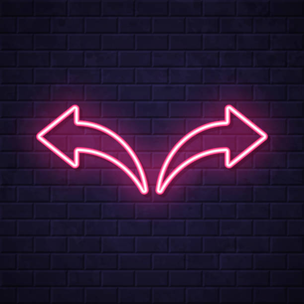 Left and right arrow. Glowing neon icon on brick wall background Icon of "Left and right arrow" in a realistic neon sign style. The icon is created with a pink glowing neon light on a dark brick wall. Modern and trendy illustration with beautiful bright colors. Vector Illustration (EPS file, well layered and grouped). Easy to edit, manipulate, resize or colorize. Vector and Jpeg file of different sizes. undo key stock illustrations