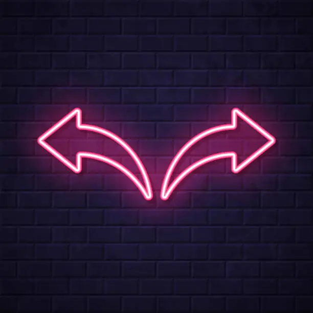 Vector illustration of Left and right arrow. Glowing neon icon on brick wall background