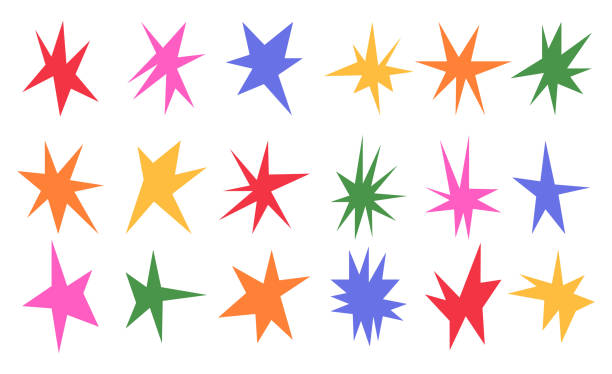 ilustrações de stock, clip art, desenhos animados e ícones de set featuring images of irregular sharp stars. it includes abstract shapes and star elements with unusual pointed ends. vector illustration - pre teen boy flash