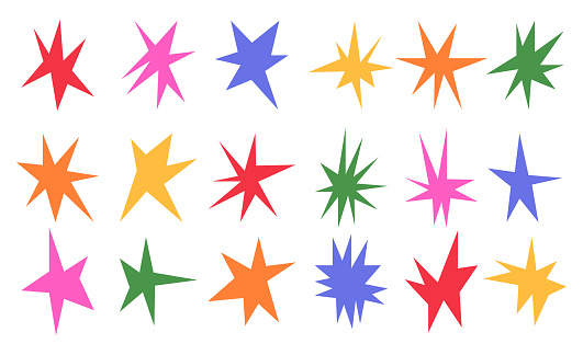 Set featuring images of irregular sharp stars. It includes abstract shapes and star elements with unusual pointed ends. Vector illustration