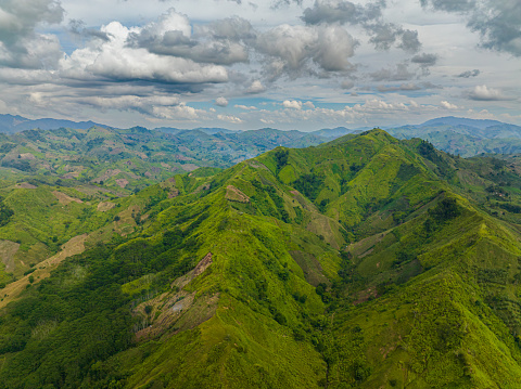 Tropical landscape of Martinique with Le Piton du Carbet and Mt Pelée