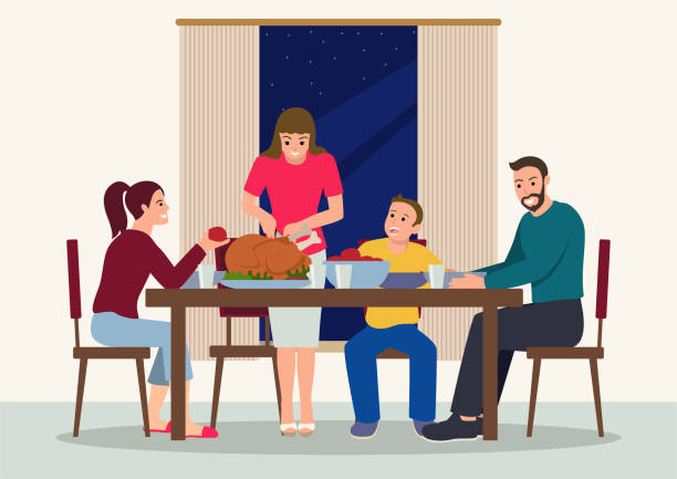 幸せな家族が夕食に集まり、愛と感謝の気持ちを放ちます - dining table table cartoon dining点のイラスト素材／クリップアート素材／マンガ素材／アイコン素材