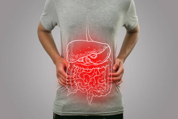 Digital composition of internal digestive system with highlighted red inflammation on sick person, man with stomach pain, health and medical stock photo