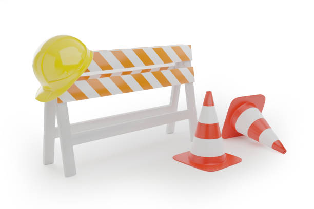 Front view of a road barrier with a protective helmet and traffic cones isolated on white background. 3D Illustration.