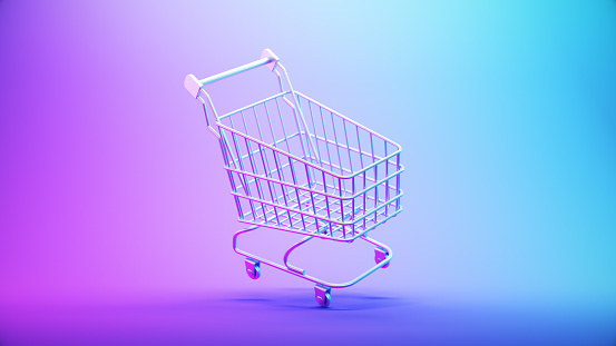 Basket or shopping cart icon on blue background. Online shopping e-commerce concept. model symbol on white background.