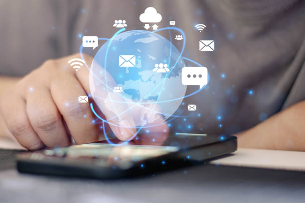 istock Hand touching smart phone, Business global internet connection application. Communication and social media concept. 1742330323