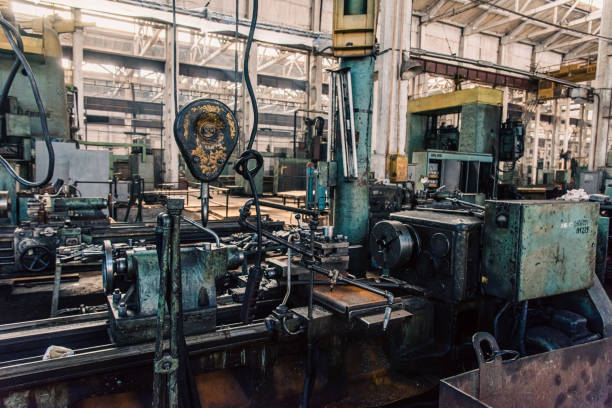 istock Old equipment, machines, tools in a rustic style in an abandoned mechanical factory 1742331990