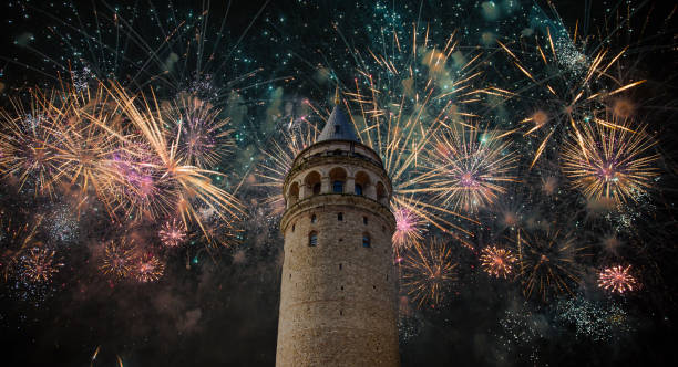 Galata tower with fireworks - istanbul, Turkey