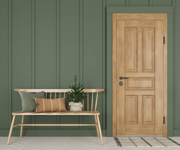 istock Front door with the christmas decor. 3d render. 1742344449