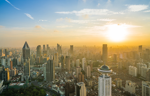 Aerial view of modern skyscrapers in Shanghai.