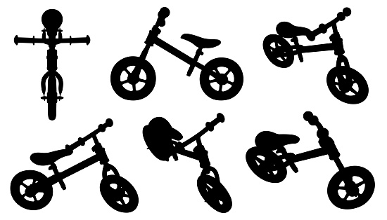 Collection of different kids balance bike isolated on white