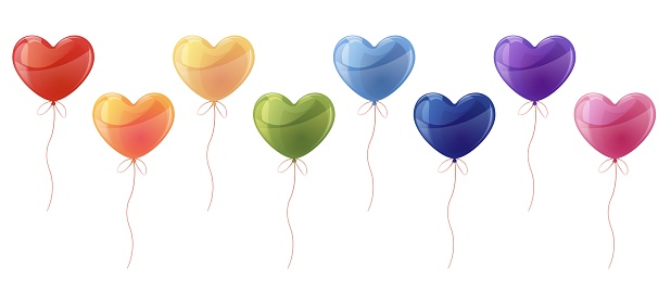Set of balloons on isolated background. Cartoon style colorful helium balloons in the shape of a heart. Decor for birthdays, holidays, Valentine's Day, etc