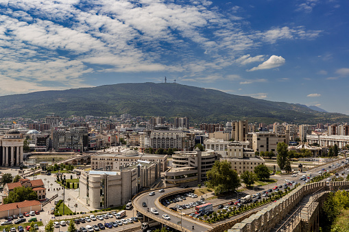 Skopje, Republic of Macedonia - May 13, 2017: Panorama to city of Skopje from fortress (Kale fortress) in the Old Town, Republic of Macedonia
