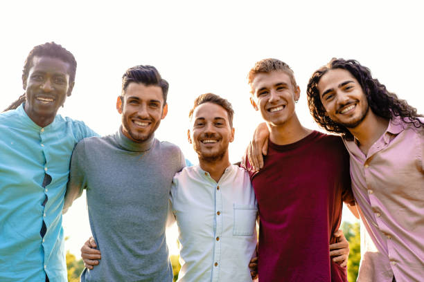 Brotherhood Embrace: Multiracial Group of Friends Smiling