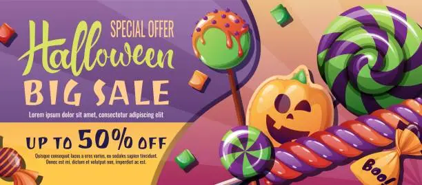 Vector illustration of Discount banner design with sweets and pumpkin cookies. Halloween sale, discount voucher. Template for banner, poster, flyer, advertisement.