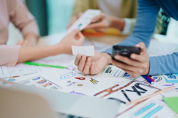 istock Team of Creative Web, Graphic Designer planning for mobile phone, drawing website ux ui app for mobile phone application and development template layout, process to developing prototype wireframe. 1742359560