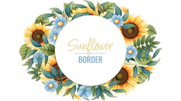 Vector illustration of Banner template with sunflowers, blue daisies. Frame, banner with autumn wildflowers. Background with botanical elements.