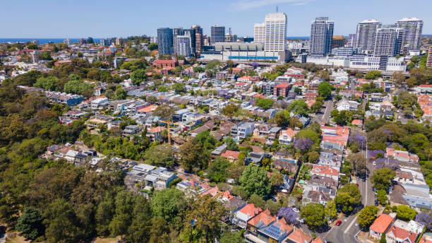 Aerial drone view of Bondi Junction, in east Sydney, NSW looking from above Double Bay on a sunny day Aerial drone view of Bondi Junction, in east Sydney, NSW Australia, looking from above Double Bay on a sunny day bondi junction stock pictures, royalty-free photos & images