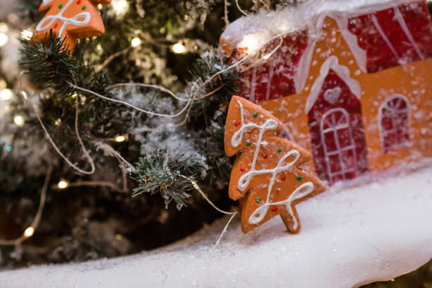 Beautiful festive decorations on the Christmas tree. Close-up. Beautiful Christmas background. The concept of decorations and decor for the new year. New Year's card 2024.