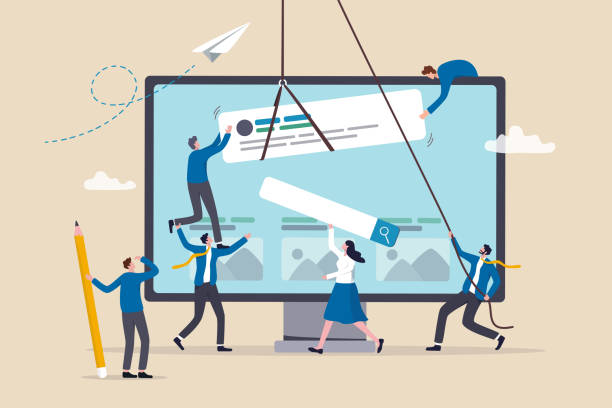 website-entwicklung, erstellen eines homepage-layouts oder html-designers, seo-suchmaschinenoptimierung oder konzept zur erstellung von website-vorlagen, geschäftsleute helfen dabei, webbanner zu tragen, um eine website auf dem computerbildschirm zu erste - content informationsmedium stock-grafiken, -clipart, -cartoons und -symbole