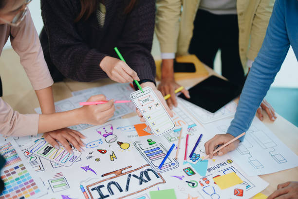 istock Team of Creative Web, Graphic Designer planning for mobile phone, drawing website ux ui app for mobile phone application and development template layout, process to developing prototype wireframe. 1742366981