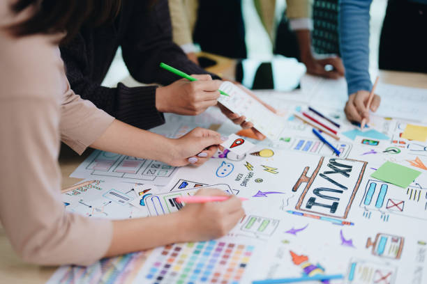 istock Team of Creative Web, Graphic Designer planning for mobile phone, drawing website ux ui app for mobile phone application and development template layout, process to developing prototype wireframe. 1742368183
