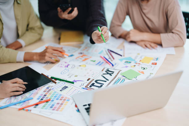 istock Team of Creative Web, Graphic Designer planning for mobile phone, drawing website ux ui app for mobile phone application and development template layout, process to developing prototype wireframe. 1742372152