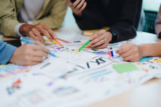 istock Team of Creative Web, Graphic Designer planning for mobile phone, drawing website ux ui app for mobile phone application and development template layout, process to developing prototype wireframe. 1742373385