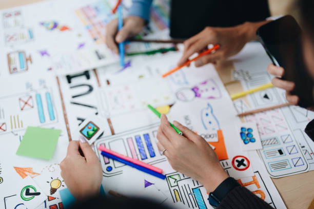 istock Team of Creative Web, Graphic Designer planning for mobile phone, drawing website ux ui app for mobile phone application and development template layout, process to developing prototype wireframe. 1742373948