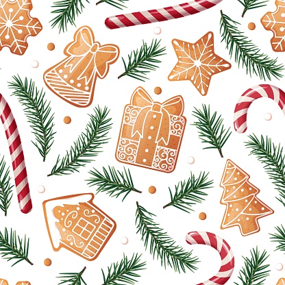 Seamless pattern with gingerbread, candy cane and fir branches. Suitable for fabric, wrapping paper, wallpaper, background, textile, etc