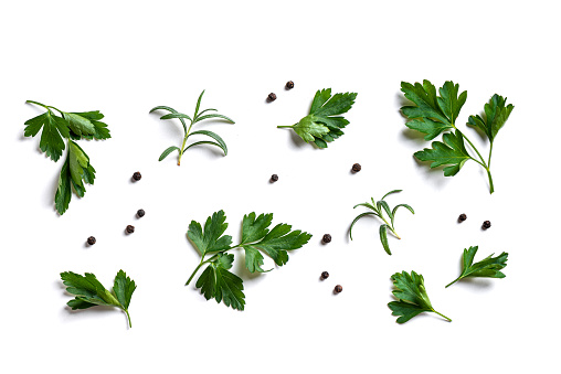 Fresh spices and herbs isolated on white background. Rosemary, parsley, black peppercorn set.