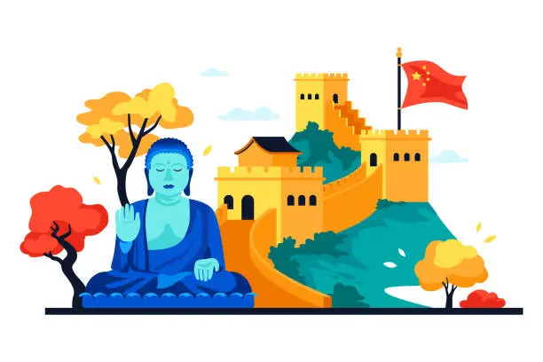 Vector illustration of Buddha statue and Great Wall of China - colored vector illustration