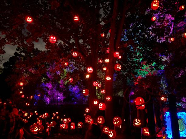 istock a group of jack o lantern trees sit around for halloween 1742389555