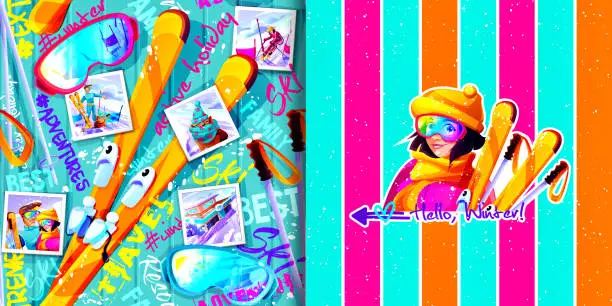 Vector illustration of Young girl skier and winter sports color background with instant print photos with captions. Creative seamless background and stylish business card.
