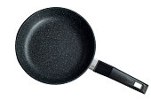 Black non-stick frying pan on a white background