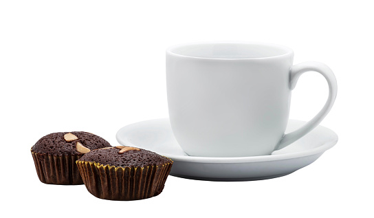 Coffee, coffee mug and pastry cake on white background