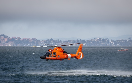 Malibu, USA - January 28, 2020: Helicopter over Malibu beach