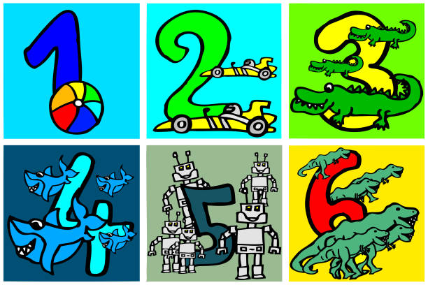 ilustraciones, imágenes clip art, dibujos animados e iconos de stock de números pintados a mano del 1 al 6 para niños y niñas - drawn learn dinosaur