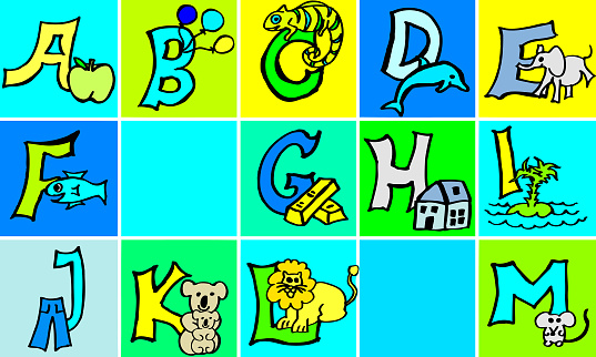 hand-painted colorful alphabet with pictures and animals to learn abc letters, writing and reading work simultaneously in German and in English: For example, Apple starts with A in both languages, chameleon with C, lion with L