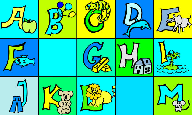 ilustrações, clipart, desenhos animados e ícones de alfabeto colorido pintado à mão com imagens e animais para aprender letras abc - island education learning letter i