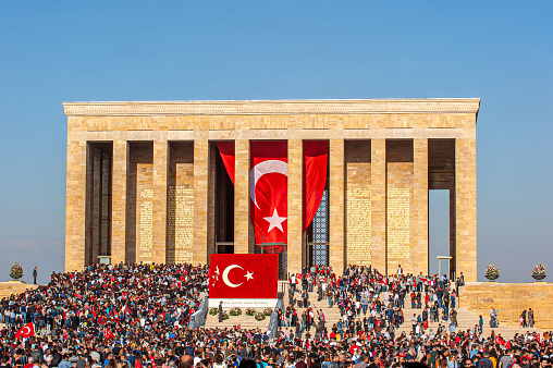 Ankara, Turkey - October 29, 2019: Visit to Anıtkabir: On 10 November, the anniversary of Mustafa Kemal Atatürk's death, 23 April Children's Day, 19 May Youth and Sports Day, 30 August Victory Day, 29 October Republic Day and other On special days, people gather in large crowds to pay their respects to their ancestors at Anıtkabir.
