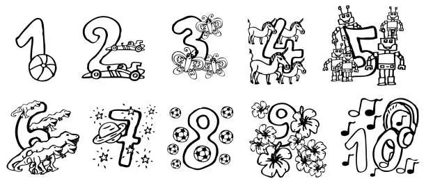 Vector illustration of hand painted 1-10 numbers for children