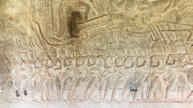 The famous bas-relief on the inside wall of the first floor of the Angkor Wat temple in Siem Reap, Cambodia.