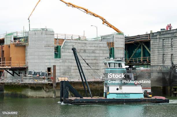 Towboat Passing Drawbridge Under Construction Stock Photo - Download Image Now - Bridge - Built Structure, Building Exterior, Built Structure