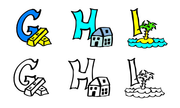 abc 문자를 배우기 위해 그림과 동물과 함께 손으로 그린 다채로운 알파벳, g h i - island education learning letter i stock illustrations